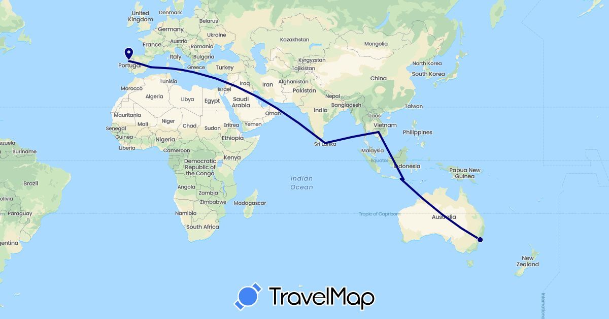 TravelMap itinerary: driving in Australia, Spain, Indonesia, Sri Lanka, Portugal, Thailand (Asia, Europe, Oceania)