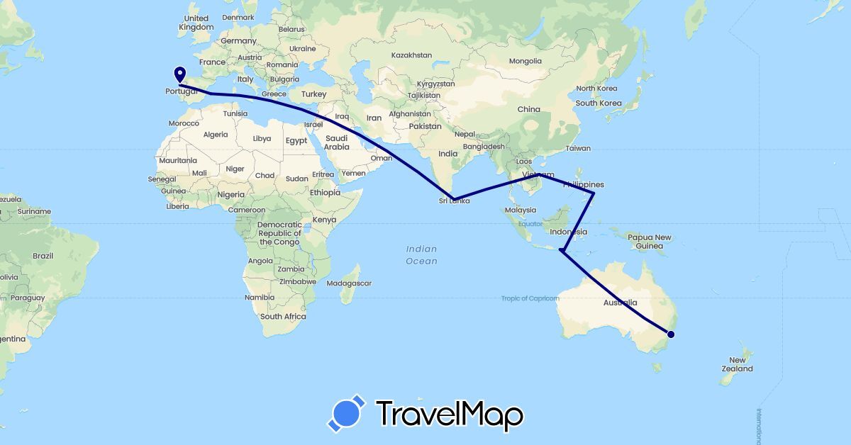 TravelMap itinerary: driving in Australia, Spain, Indonesia, Sri Lanka, Philippines, Portugal, Thailand, Vietnam (Asia, Europe, Oceania)